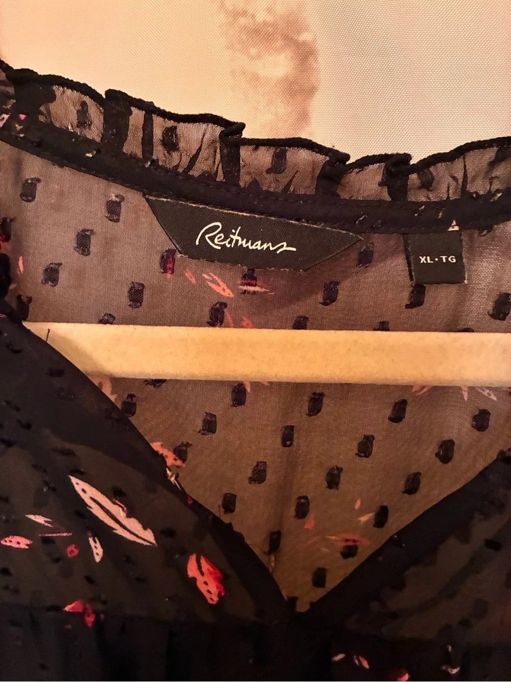 Reitmans Black Sheer Dot Dress with Pink & Red Floral Accents - Picture 2 of 3